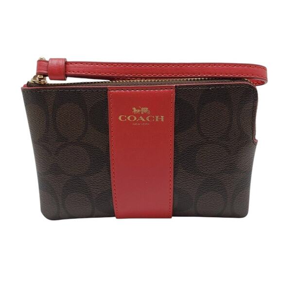 NWT Coach Corner Zip Wristlet in Signature Canvas - Gold/Brown 1941 Red - Picture 2 of 7